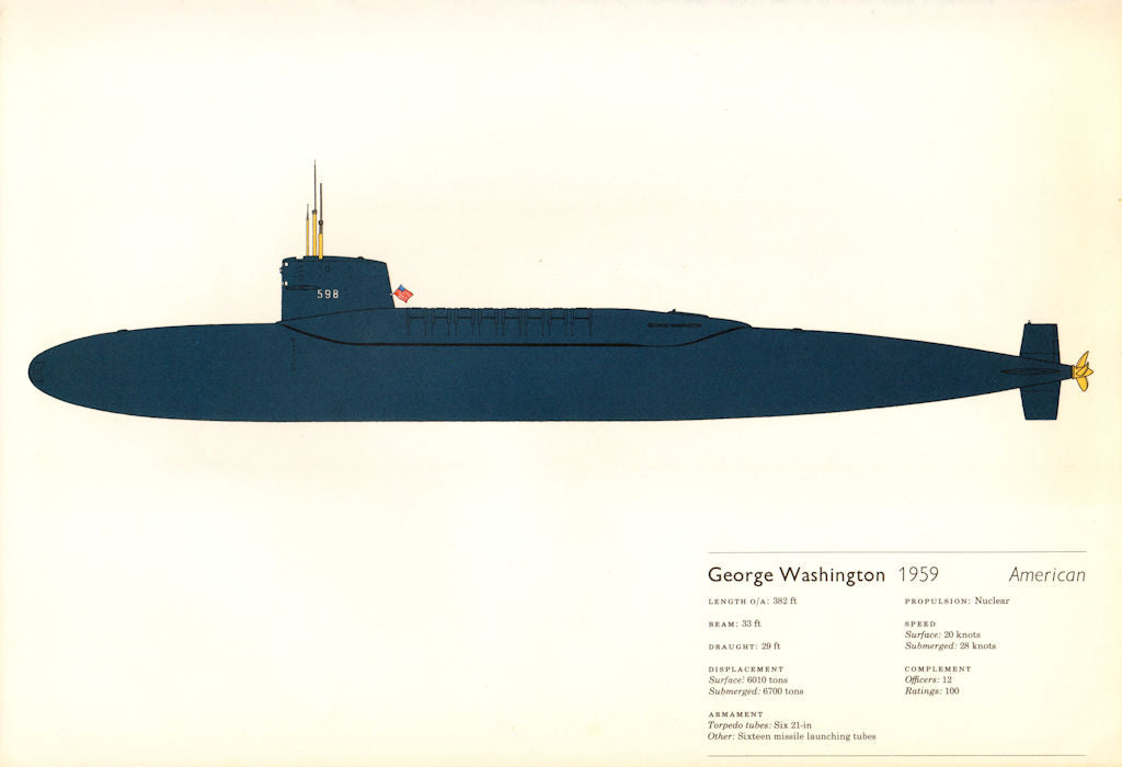 George Washington (1959). American nuclear submarine. Hugh Evelyn 1970 print